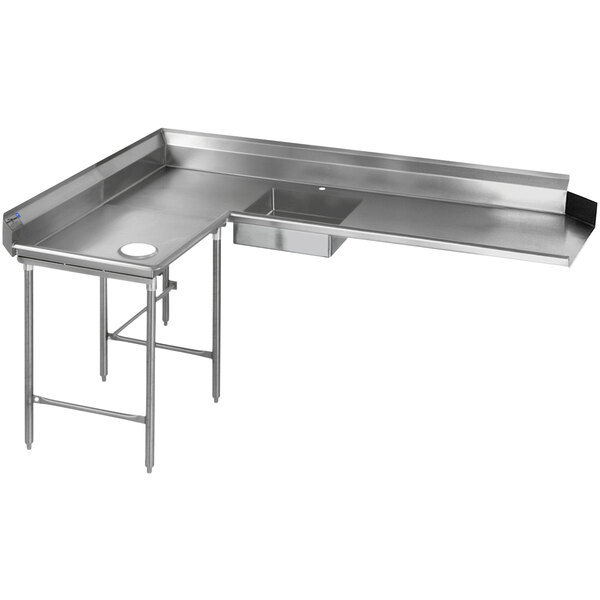 A stainless steel Eagle Group left L-shape dishtable with a counter, a drain, and a corner.