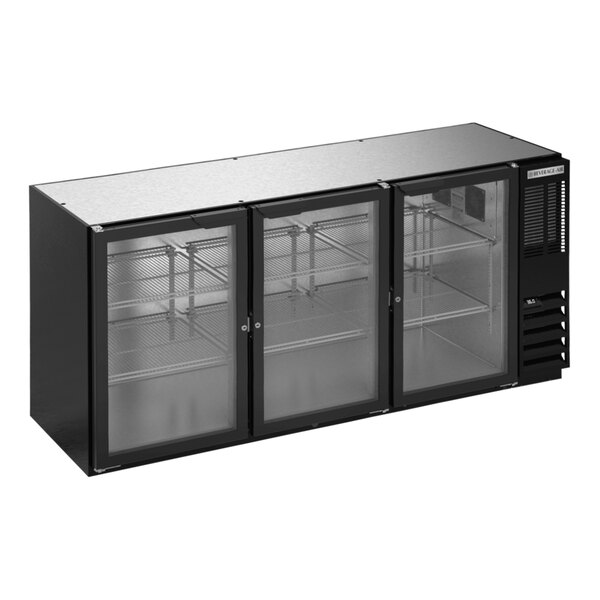 A black Beverage-Air back bar refrigerator with glass doors.