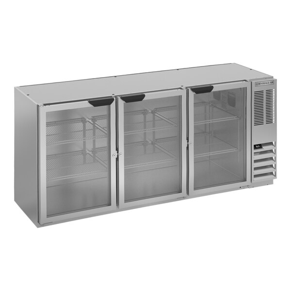 A stainless steel Beverage-Air back bar refrigerator with glass doors.