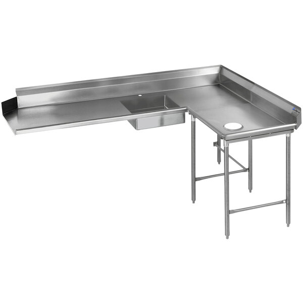 An Eagle Group stainless steel L-shaped dishtable with a counter and a drain.