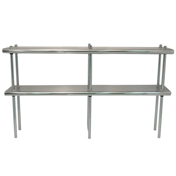 A stainless steel table mounted double deck shelving unit with metal rods.
