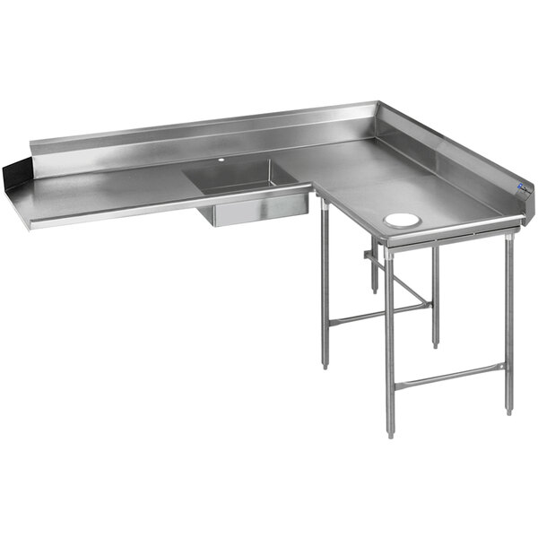 A stainless steel Eagle Group L-shaped dishtable with a right dishlanding soil and a drain.
