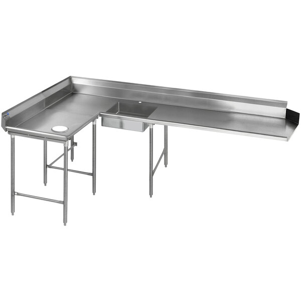 A stainless steel L-shape dishtable with a counter and a drain on the left.
