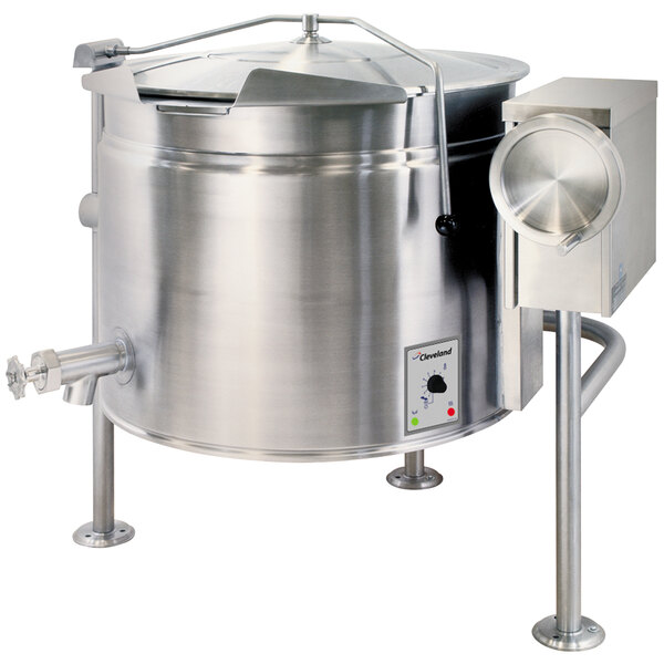 A Cleveland 60 gallon stainless steel steam kettle with a lid.