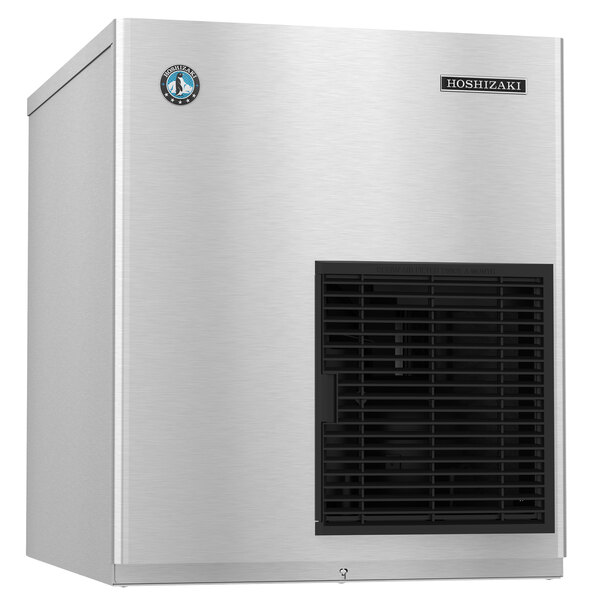 A silver rectangular Hoshizaki water cooled ice machine with a black vent.
