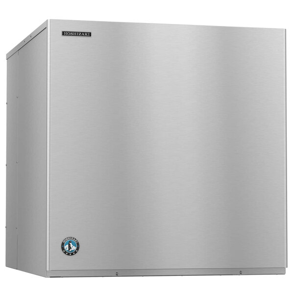 A silver stainless steel rectangular Hoshizaki water cooled ice machine with a logo on it.