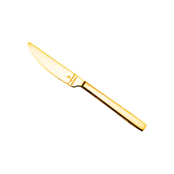 A close-up of a Oneida Chef's Table Gold stainless steel butter knife with a gold handle.