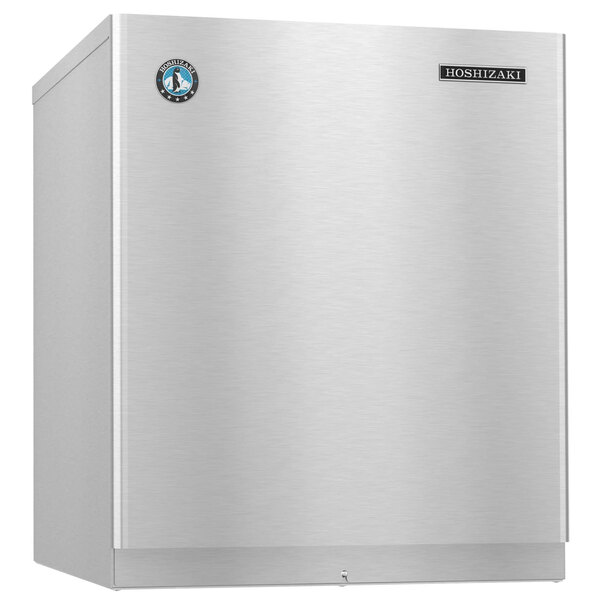 A stainless steel Hoshizaki air cooled ice machine with a logo on it.