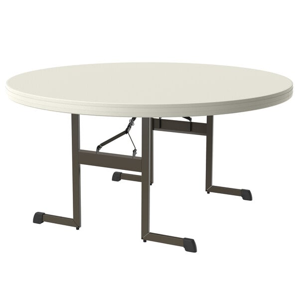 A Lifetime almond round plastic folding table with metal legs.