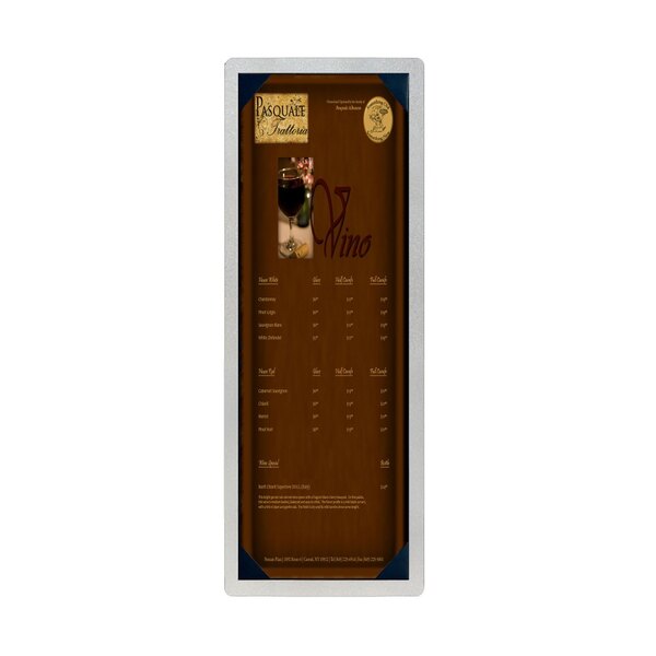 A Menu Solutions brushed aluminum menu board with picture corners displaying a wine menu.