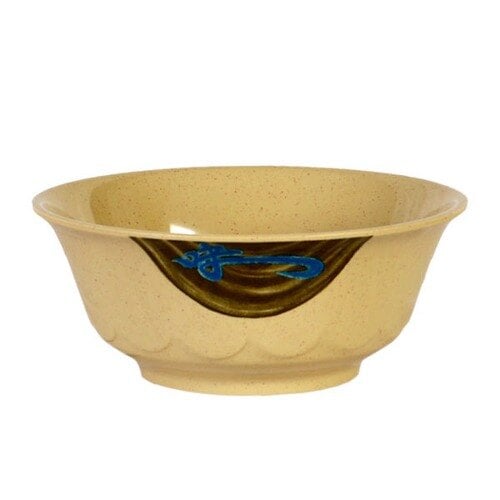 A white melamine bowl with a blue dragon design on it.