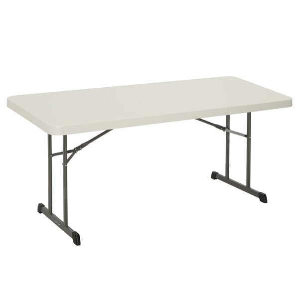 A white rectangular Lifetime plastic folding table with black metal legs.