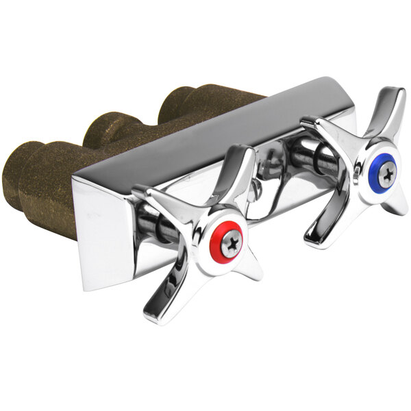 A T&S wall mounted faucet with four arm handles, two chrome plated with red and blue accents.