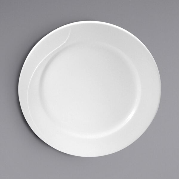 An embossed white bone china mid rim plate with a curved edge.