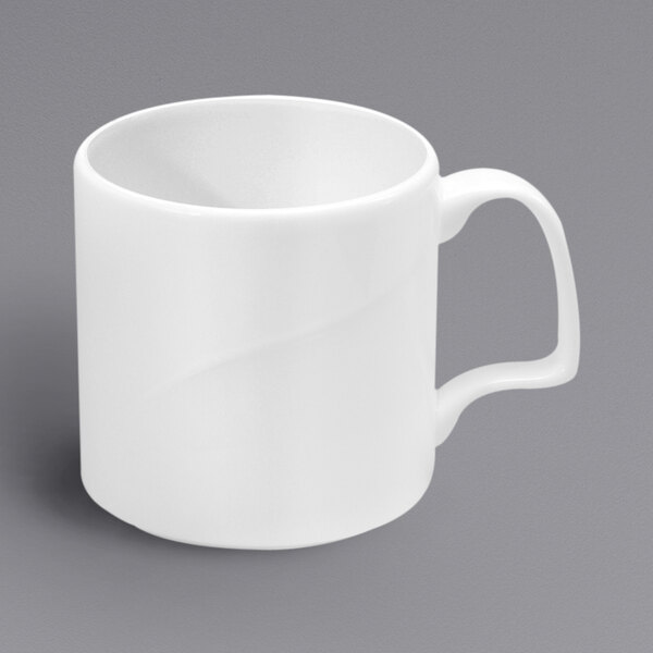 A white Oneida Eclipse bone china mug with a handle.