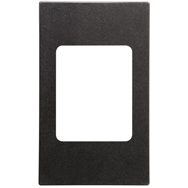 A black rectangular frame with a white rectangle over a black square wall plate.