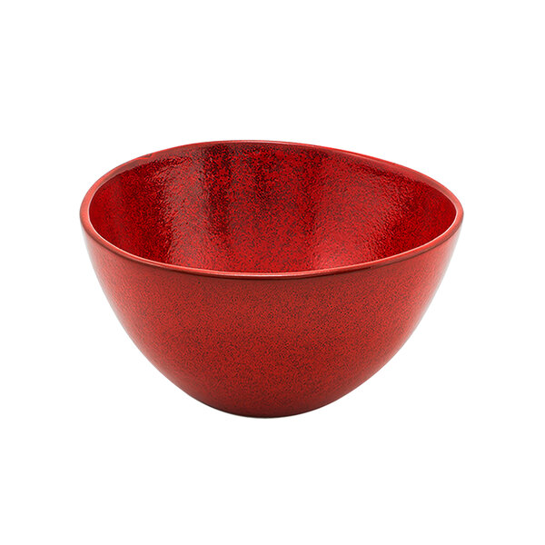 A red bowl with black specks.