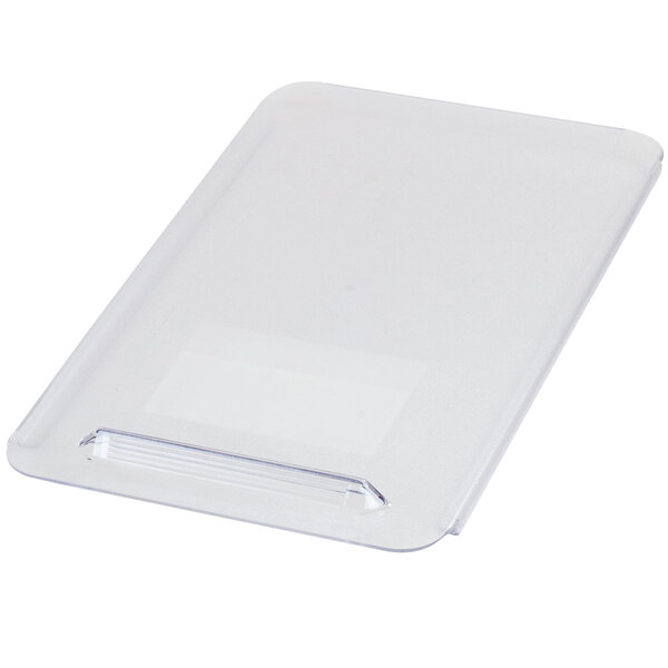 A white plastic cover with a clear plastic container and white label.