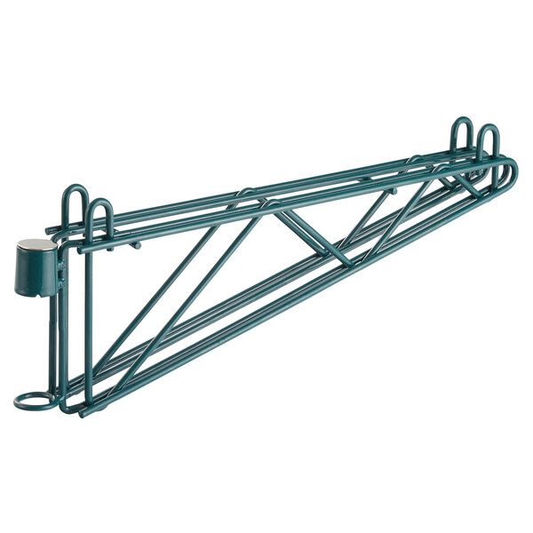 A close-up of a green Metro wall mount shelf support with two hooks.