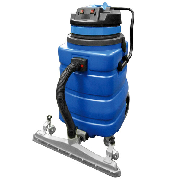 A blue Perfect Products wet/dry vacuum cleaner with a black hose.