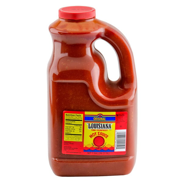 A bottle of The Original Louisiana Brand 1 Gallon Original Hot Sauce with a label.