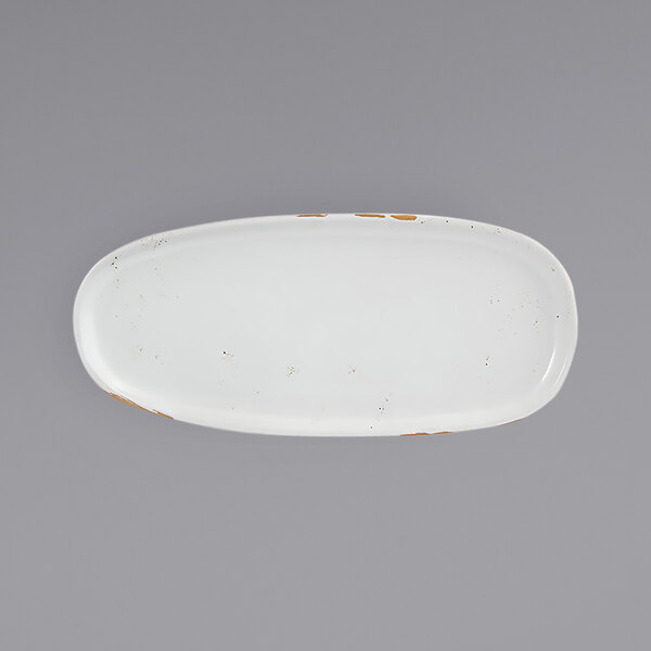 A white oval plate with brown specks.