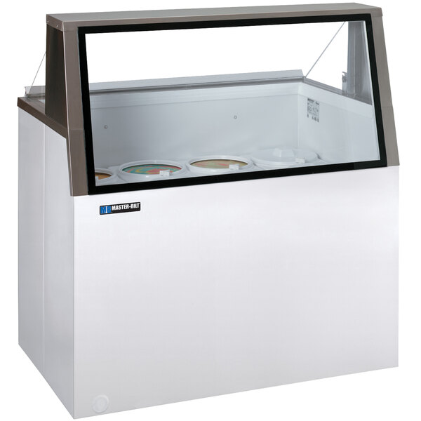A white Master-Bilt ice cream dipping cabinet with a glass top.