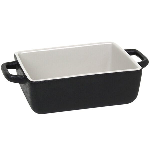 A black rectangular Front of the House stoneware ovenware dish with black accents.
