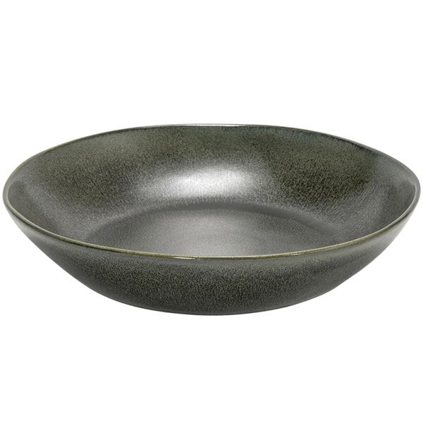 A sage green bowl with a gray rim.