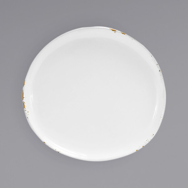 A white plate with a gold rim.