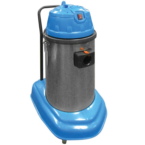 A blue and silver Perfect Products stainless steel wet/dry vacuum on wheels.