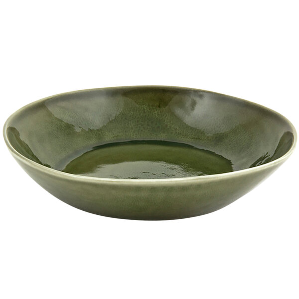 A leek green bowl with a white rim.
