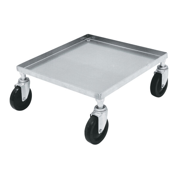 A metal tray with black wheels.