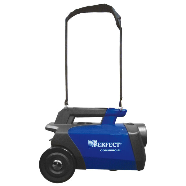 A blue and black Perfect Products canister vacuum with wheels.