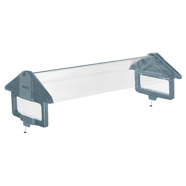A clear plastic shelf with metal legs.