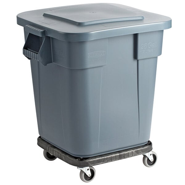 A Rubbermaid grey plastic bin with wheels.