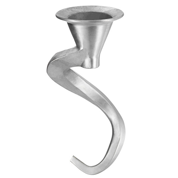 A metal dough hook with a curved handle and spiral end.