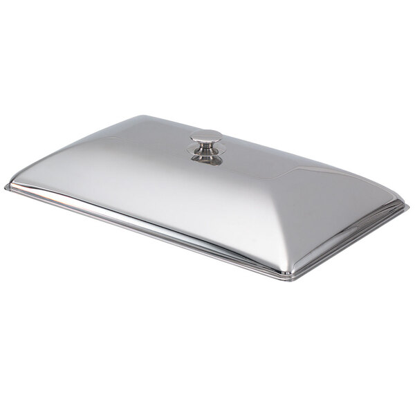A stainless steel rectangular lid with a silver finish.