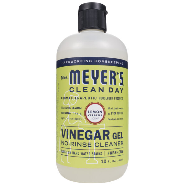 A close up of a Mrs. Meyer's Clean Day Lemon Verbena Vinegar Gel Cleaner bottle with a black cap.