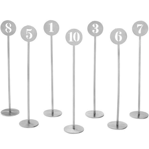 American Metalcraft silver metal table number stands with numbers 1 through 10.