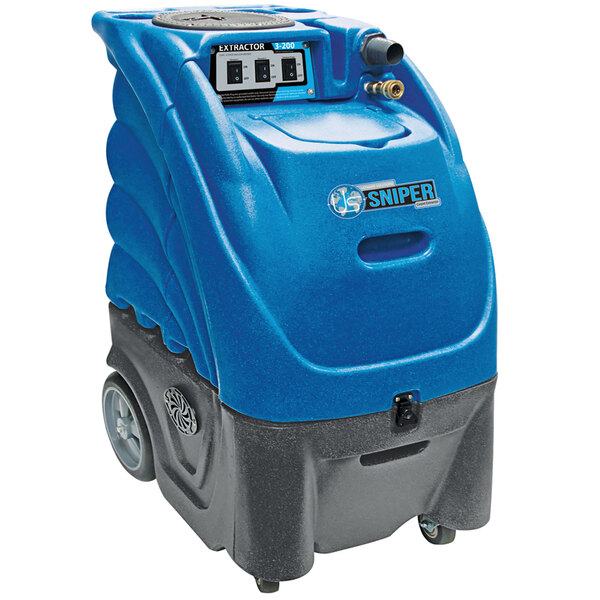 A blue, black, and grey Sandia 3-stage heated carpet extractor with wheels.