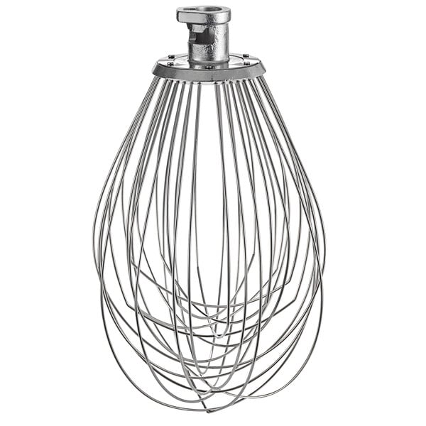A Hobart wire whisk attachment with a metal handle for a mixer.