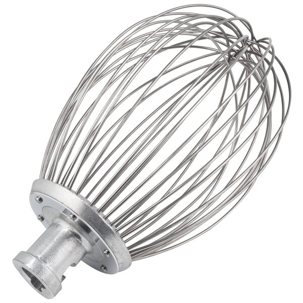 A stainless steel wire whip for a Hobart mixer on a white background.