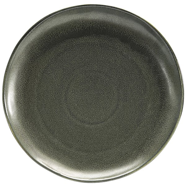 A sage green porcelain plate with a small rim.