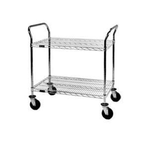 An Eagle Group chrome metal shelf cart with wheels.