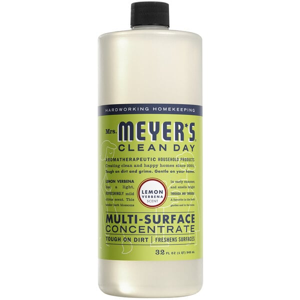 A bottle of Mrs. Meyer's Lemon Verbena multi-surface cleaner concentrate on a counter.
