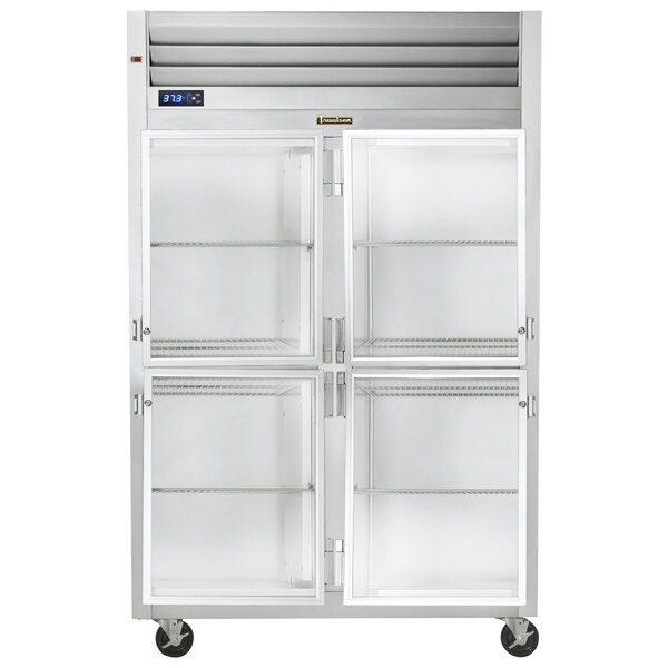A Traulsen G Series reach-in refrigerator with glass doors on a white background.