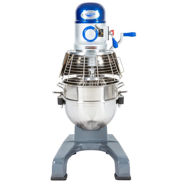 A white Vollrath planetary floor mixer with a blue lid.