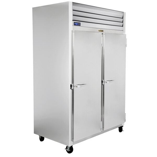 A white Traulsen G Series reach-in refrigerator with two doors.
