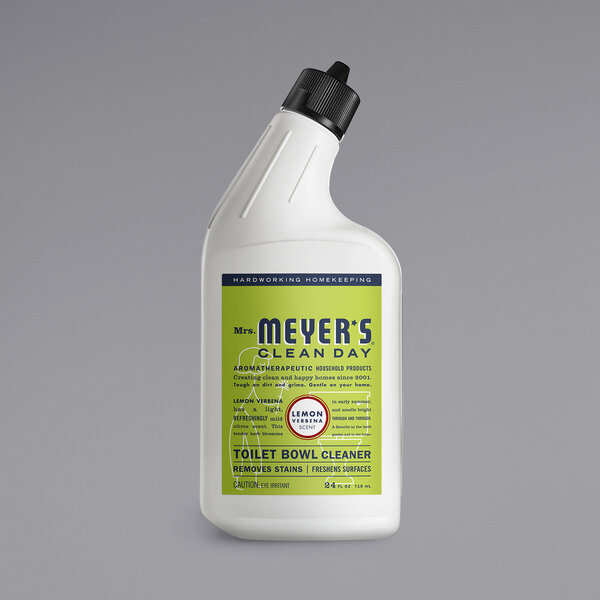 A white bottle of Mrs. Meyer's Lemon Verbena Toilet Bowl Cleaner with a green label.